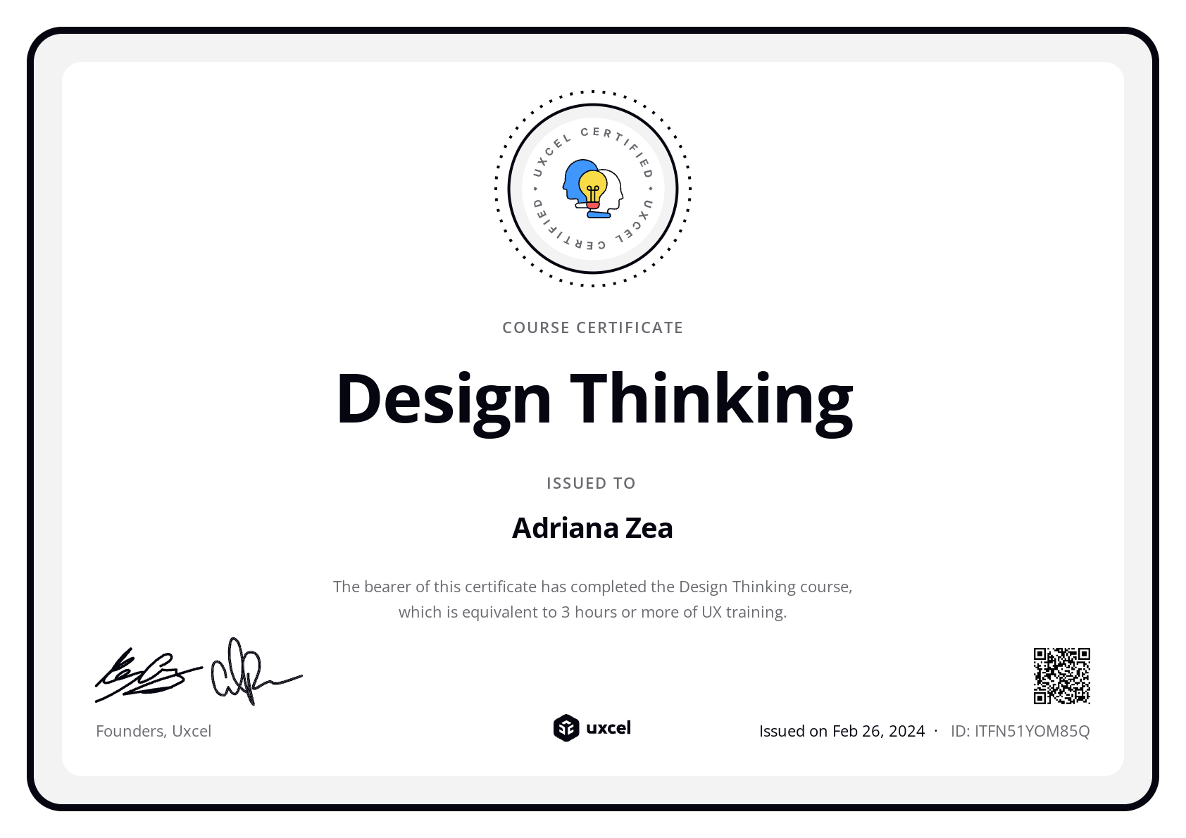 Adriana Zea's certificate